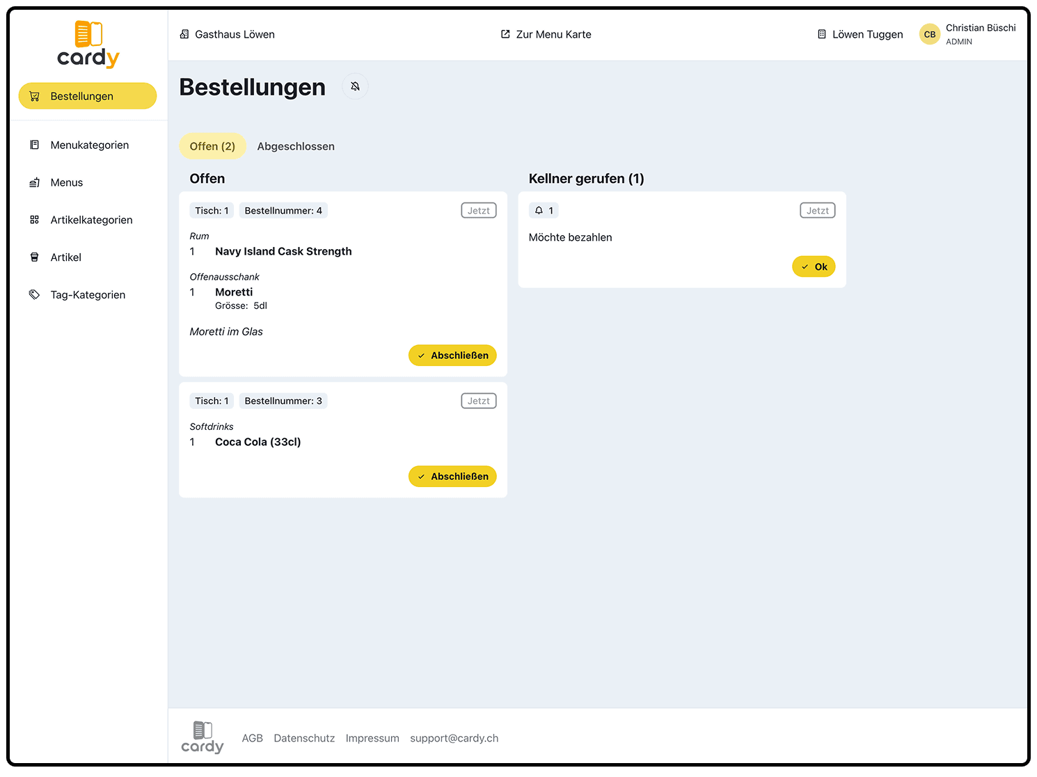 Bestell-Dashboard für Betreiber
